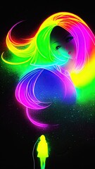 A vibrant night scene of girl illuminated in a rainbow of colors