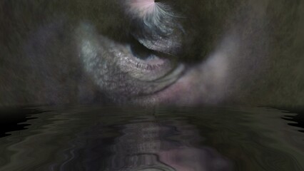 Scary eye on grunge background reflected in water