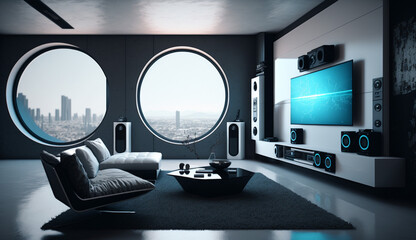 interior of a modern living room with circular windows, generative ai