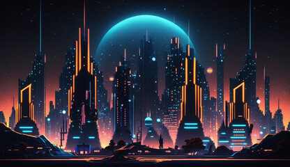 Abstract skyline at night, generative ai