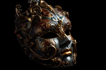 Beautiful Venetian mask engraved with golden ornaments on black background. Digitally generated AI image.