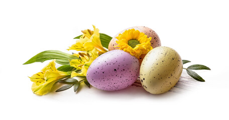  Happy Easter. Three colorful eggs and spring yellow flowers. isolate