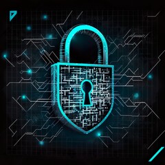 cyber security illustration with a padlock black and blue Lock sign on a digital grid for Data protection and cyber security sharp