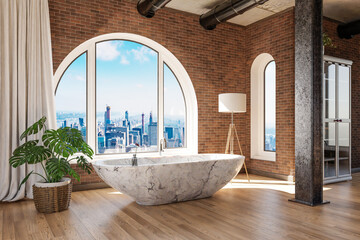 freestanding bath in lightflooded downtown loft apartment; minimalistic interior design; relaxation and spa concept; 3D Illustration