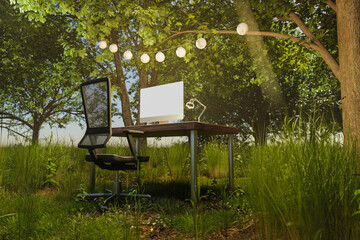 lonely pc workplace in dark foggy jungle forest under chain of lights; work and travel remote work and digital nomad concept; 3D illustration