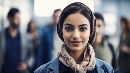 Attractive businesswoman woman posing at her work place with coworkers in the background. Generative AI	
 - obrazy, fototapety, plakaty