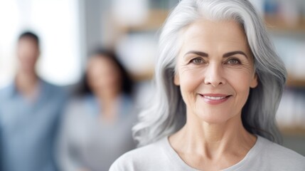 Attractive businesswoman woman posing at her work place with coworkers in the background. Generative AI	
