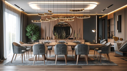 Fototapeta premium Comfortable and Stylish, A Luxury Dining Room with a Sophisticated Sleek Design, Generative AI