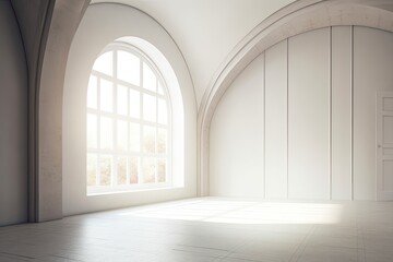 an empty room with an arched opening in the background. Generative AI