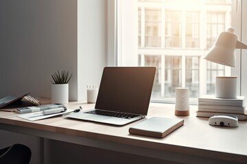a simple and cozy home office with a white laptop mockup, a book, a coffee cup, and other accessories on a wood tabletop in front of a white wall with a window. Generative AI