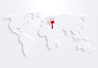 White world map on white background with shadow or 3d effect. Blood dripping from Ukraine and splattered to Russia and Europe. Concept of war, conflict, crisis and Russia's invasion to Ukraine.