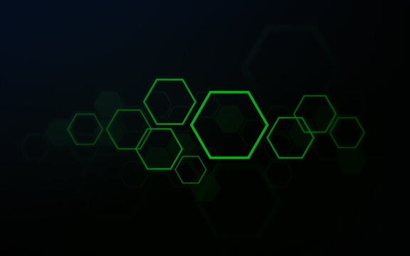 Layered green hexagon patterns, beehive honeycomb design on blurry dark green background. High resolution full frame abstract and modern background with copy space.