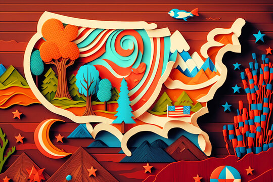 3D Paper Cutout Map of the USA with Wood Background, Flying Bird. Generative AI