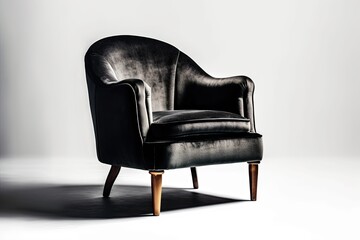 On a white background, a traditional art deco armchair with black velvet and wooden legs is shown. many furniture types. Generative AI