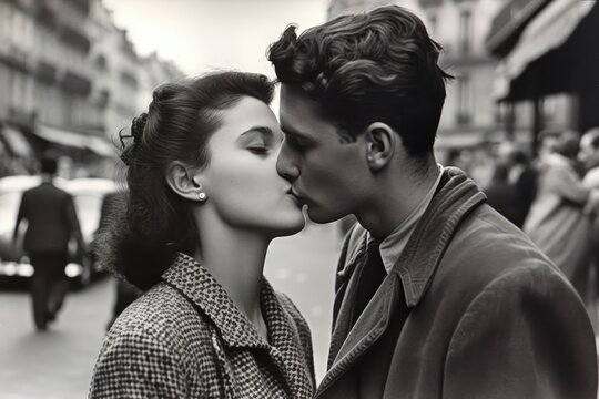 young couple kissing in paris in 1950. monochromatic vintage. This image was created with generative AI,
