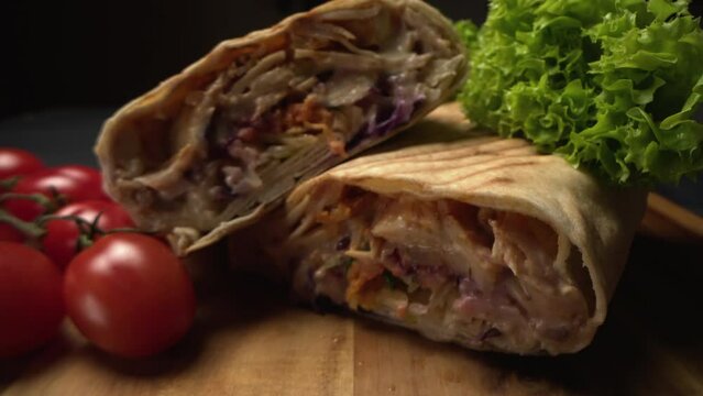 Tasty doner kebab close up on wooden background. Tortilla wrap with fried chicken meat and vegetables in macro. 4K ProRes