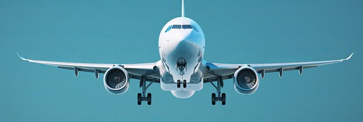 Fototapeta na wymiar Closeup of airplane on blue background banner. Travel concept. Illustration AI