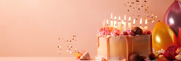 birthday cake with candles on soft orange background with copy space, generative ai illustration banner