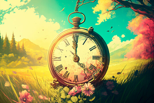 Pocket watch. Generative AI. Concept of passage of time, change of seasons.  Vintage clock hangs on tree branch against backdrop of nature. Painting in retro style. Past and memories.