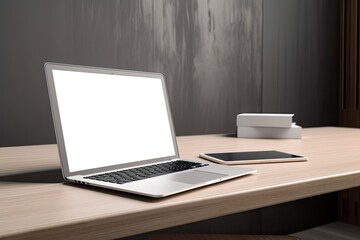 Fototapeta premium a mock laptop with a white, blank screen. a desk and a laptop with a white screen. Generative AI