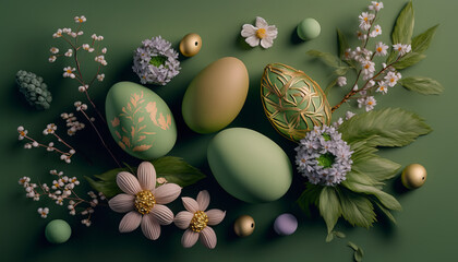 Easter eggs with spring flowers on pastel background. Generative AI