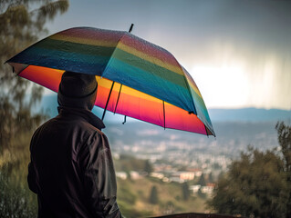 Person under rainbow color umbrella, Generative AI