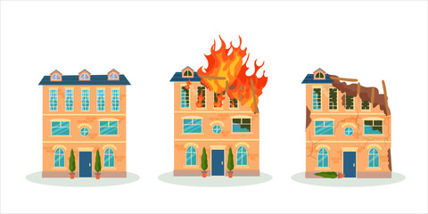 A destroyed building after a fire or an earthquake. Ruined city buildings after the war. Damaged city with old broken dilapidated housing. Vector illustration isolated on white background.