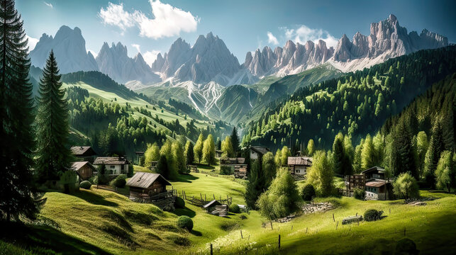 Ländliches Dorf Haus Landschaft in den Alpen in der Schweiz Österreich Bayern Ruhe und Beschaulichkeit Generative AI Digital Art Wandbild Hintergrund Cover