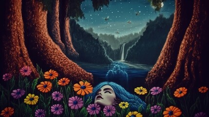 Illustration of a woman surrounded by flowers, sleeping in a magical valley, fantasy landscape, generative AI