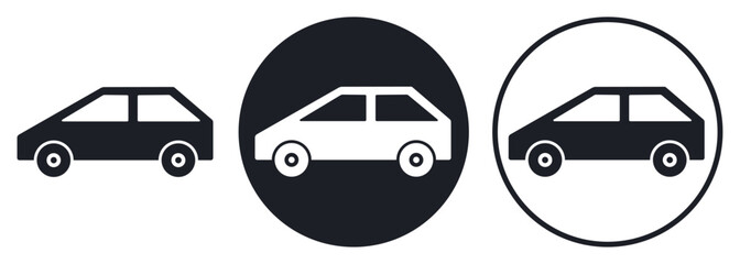 Car icon black and white silhouette on dark and light circle background. Abstract hatchback passenger auto sketch, flat style. Vector sign or button for web design, transport service logo.