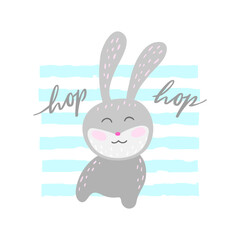 Solo print illustration with bunny and hand drawn lettering Hop hop. Funny pet for apparel, room decor, tee print design, poster and greeting card