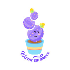 Solo print illustration with cute cactus and text Warm embrace. Funny clipart  for apparel, room decor, tee print design, poster and greeting card