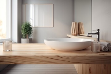 Fototapeta na wymiar An empty wooden table, desk, or shelf with a blurred perspective of a modern home design concept's white bathroom, bathtub, and basins. Generative AI