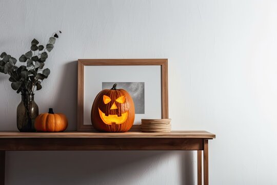 Jack o lantern on a wooden frame Beautiful on a shelf or desk with a white wall. Concept copy area for Halloween. Generative AI