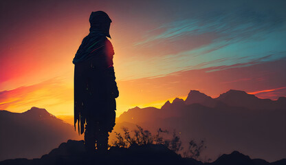 A dark silhouette of a masked man on a hill, against the backdrop of a sunset in the mountains. A colorful sunset and a beautiful sky. An epic shot.