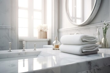 Shampoo bottle, towels, and copy space on a white marble bathroom tables with a background of a blurry white elegant bathroom are displayed. Generative AI