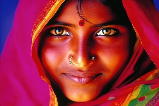 Beautiful Indian Girl in red and pink headscarf - generative ai