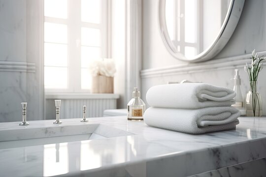 Shampoo Bottle, Towels, And Copy Space On A White Marble Bathroom Tables With A Background Of A Blurry White Elegant Bathroom Are Displayed. Generative AI