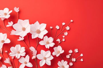 Beautiful white flowers on a red background. Generative AI