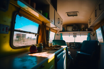 Interior of motor home trailer car van, kitchen table, sofa chairs. Generative AI