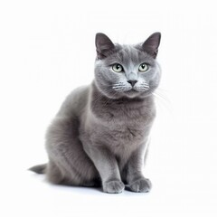 Obraz premium An isolated fluffy Russian Blue cat on white background Generative AI