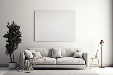 Above a sofa, on a white wall, is a blank hanging poster. Backdrop of a minimalist interior. Vertical banner. Generative AI