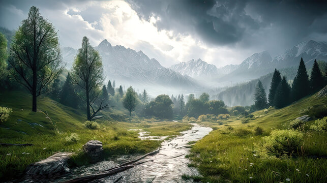 Ländliches Dorf Haus Landschaft in den Alpen in der Schweiz Österreich Bayern Sonne Regen Ruhe und Beschaulichkeit Generative AI Digital Art Wandbild Hintergrund Cover