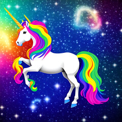 Obraz na płótnie Canvas A white unicorn with rainbow colored horsehair standing in the universe. Generative AI