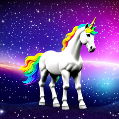 Plakat A white unicorn with rainbow colored horsehair standing in the universe. Generative AI