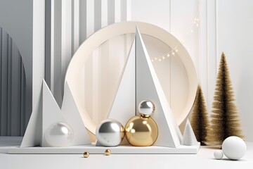 Merry Christmas and a Happy New Year illustration with a mock up of a product presentation stage, a Christmas tree, and xmas balls. simple Christmas and winter décor. Generative AI