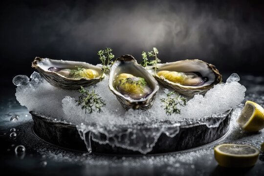 Oysters platter with lemon and ice served.