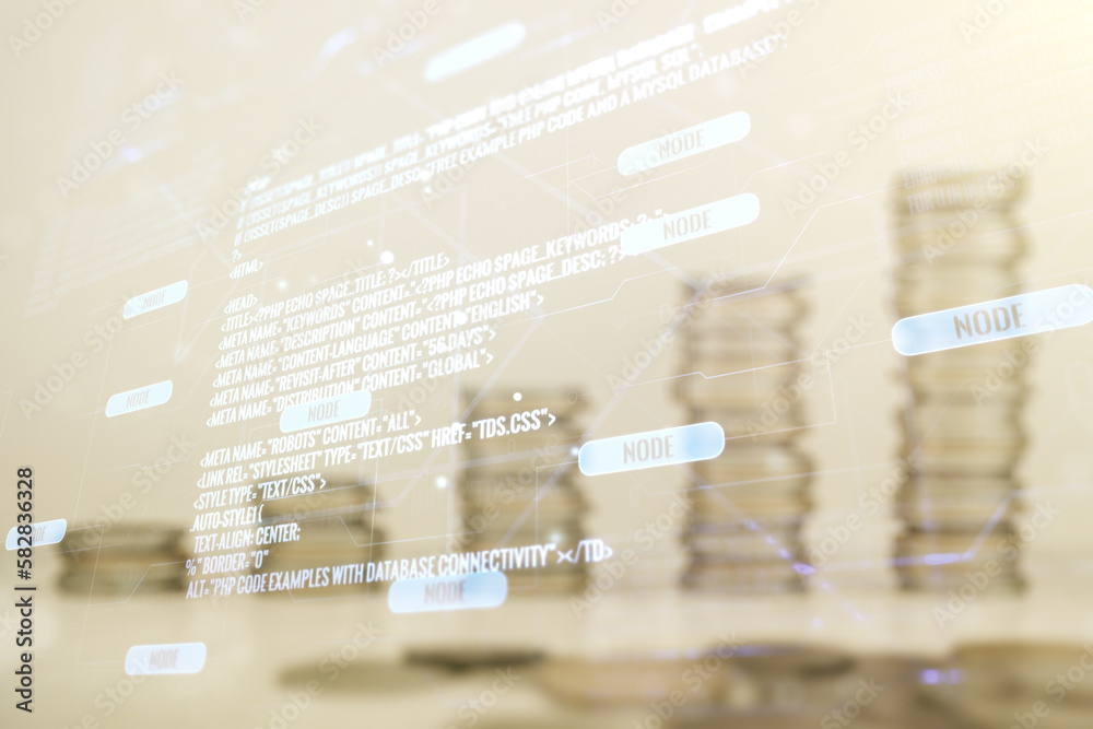 Poster double exposure of abstract programming language interface on growing stacks of coins background, re