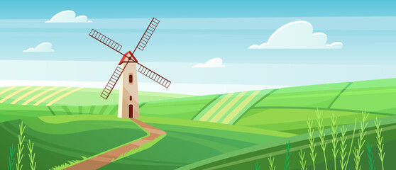 Fototapeta na wymiar Cartoon cute sunny rural spring scene with country road to silo tower with wind turbine generator, countryside path through wheat green fields. Farm windmill in village landscape vector illustration.