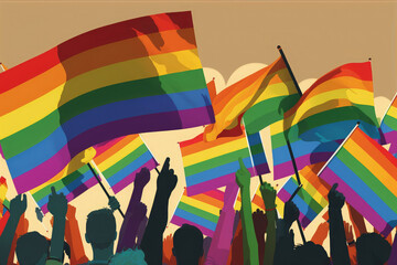 AI generated closeup rainbow flags of LGBT community blowing in wind at street of gay parade